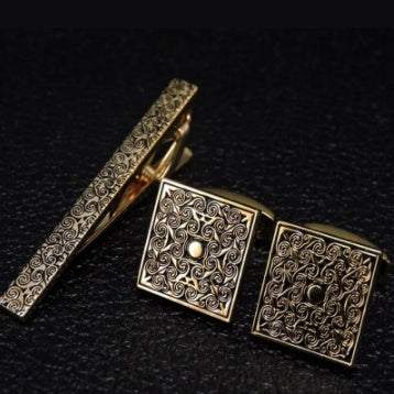 Golden Carved Rose Cufflinks and Tie Clip Set