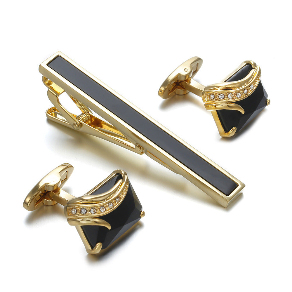 Gold and Black Tie Clip and Cufflinks Set