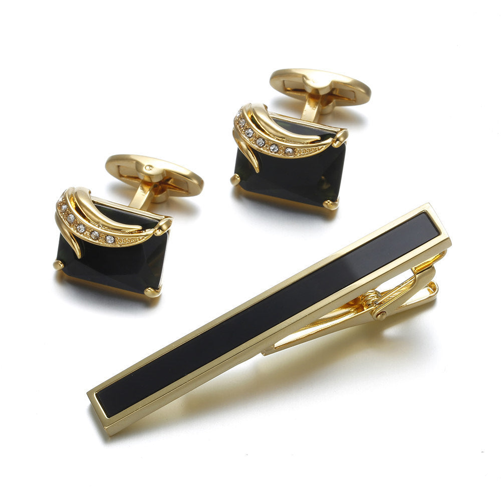 Gold and Black Tie Clip and Cufflinks Set